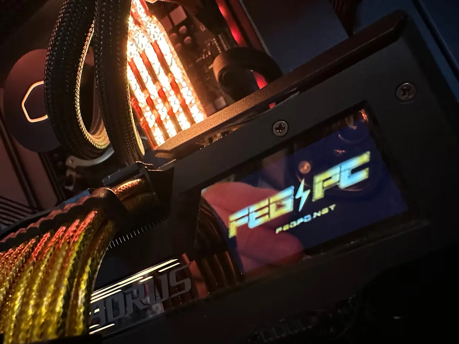 A FEG sim-racing build with custom gold-sleeved cables and a personalized graphics-card display