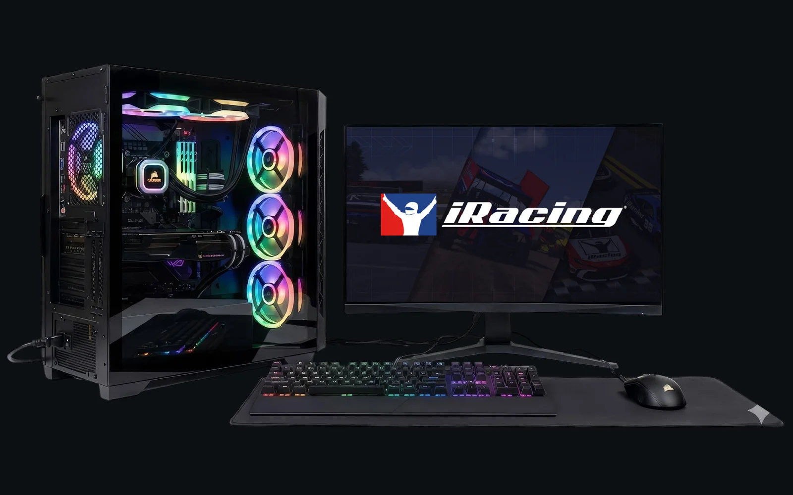 A FEG custom gaming PC alongside a racing sim setup running iRacing